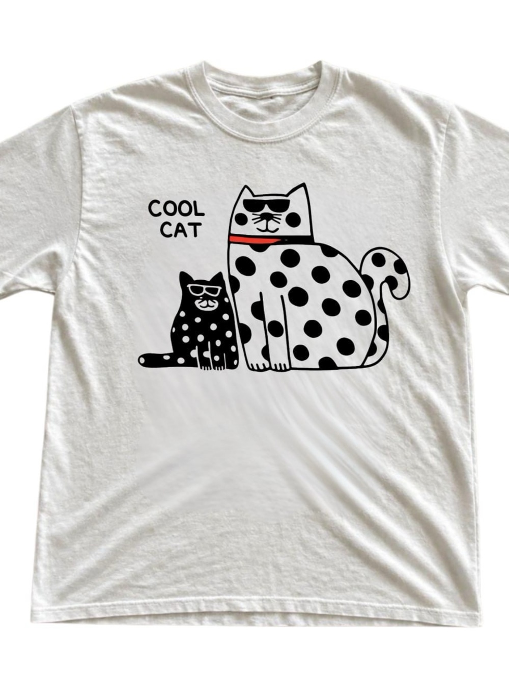 White Cool Cat Graphic Tee with Black Print and Red Accent